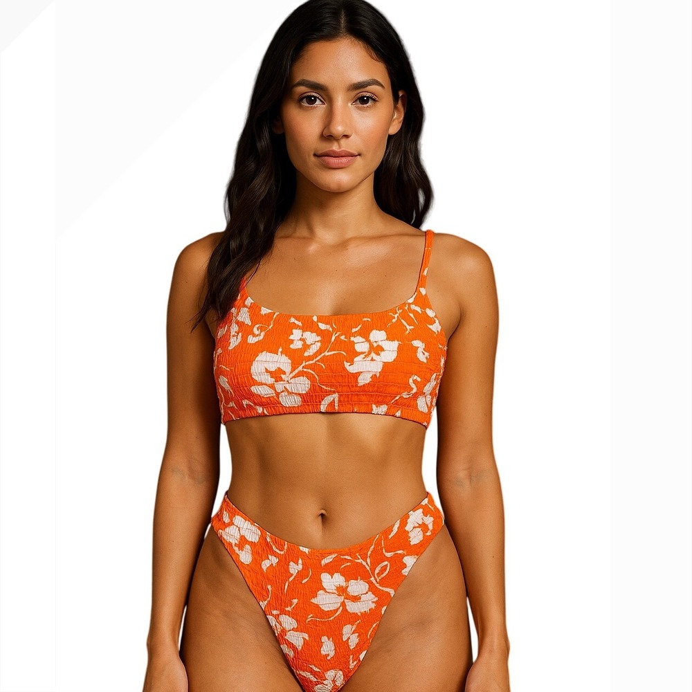 Orange White Floral‎ Smocked Bikini Set Women's Size Small Two Piece Swimsuit